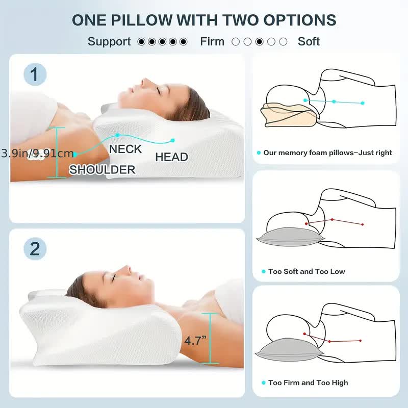 Grey butterfly-shaped memory foam neck pillow with armrests, designed for side and back sleepers for added comfort.