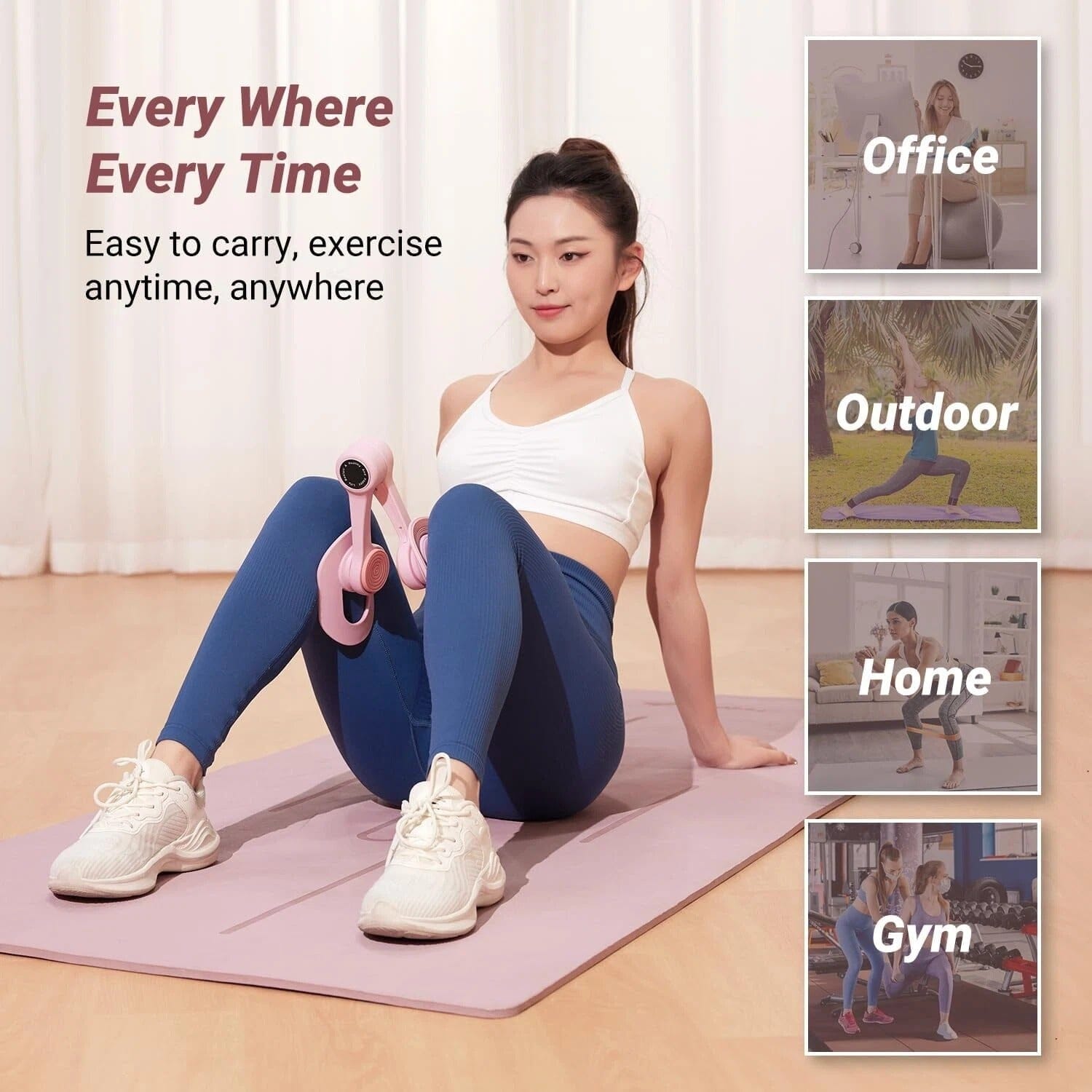 Pink non-slip pelvic floor trainer for thighs and legs, designed for postpartum recovery and strengthening pelvic muscles.