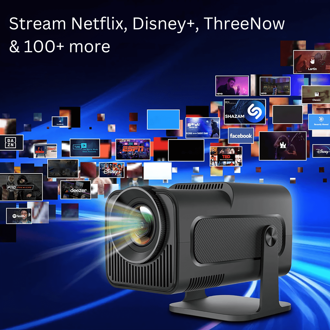 Aurenza Shop PortaView360 MAX Ultra HD portable projector displaying bright images on a screen in a modern setting.