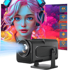 Aurenza Shop PortaView360 MAX Ultra HD portable projector with a projection screen displaying vibrant images
