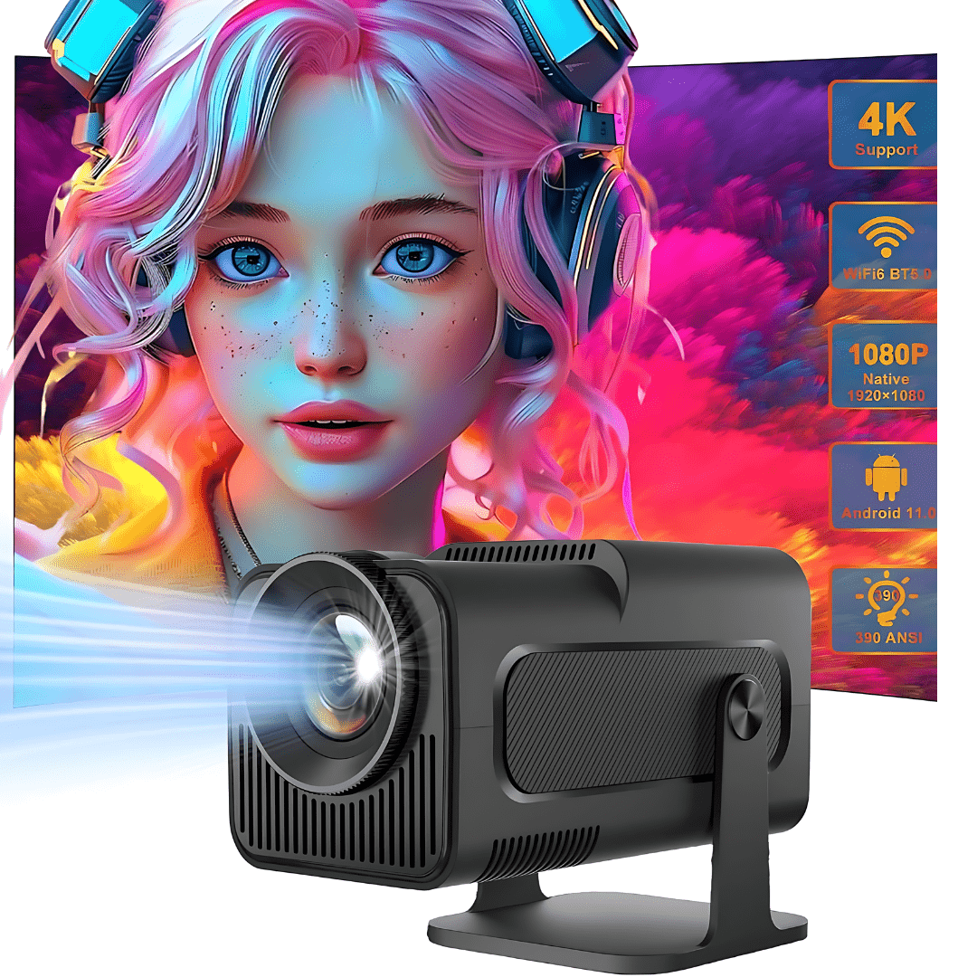 Aurenza Shop PortaView360 MAX Ultra HD portable projector with a projection screen displaying vibrant images