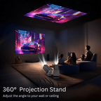 Aurenza Shop PortaView360 MAX Ultra HD portable projector displaying a bright image on a screen in a dark room.