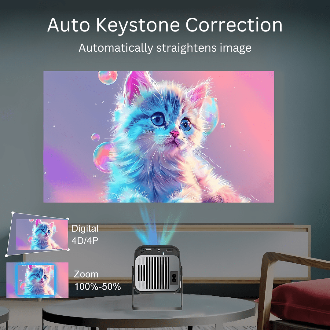 Aurenza Shop PortaView360 MAX Ultra HD portable projector displaying a bright, clear image on a screen in a modern setting.