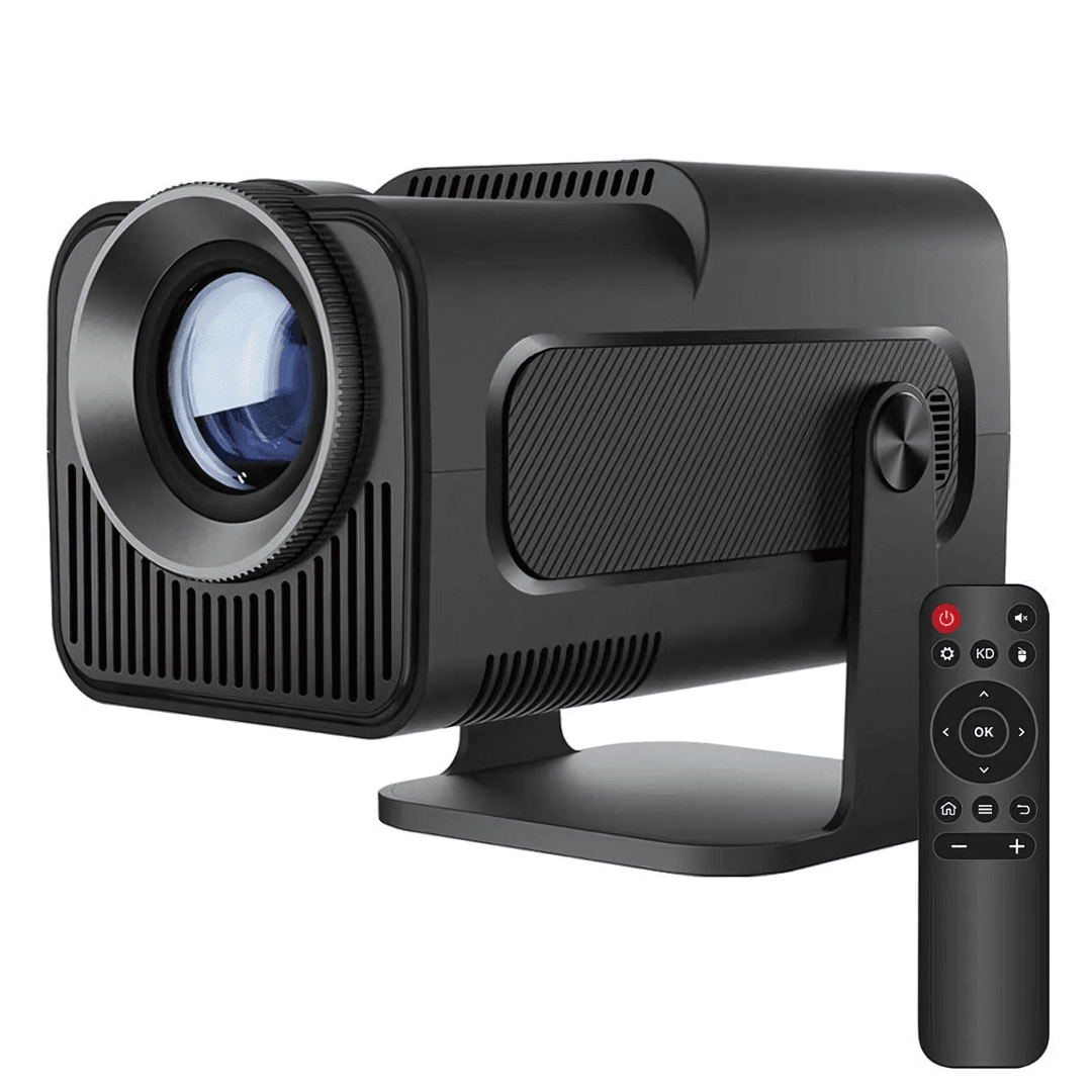 Aurenza Shop PortaView360 MAX Ultra HD portable projector showing a bright image on a screen in a dark room.