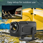 Aurenza Shop PortaView360 MAX Ultra HD portable projector displaying a bright, clear image on a projection screen.