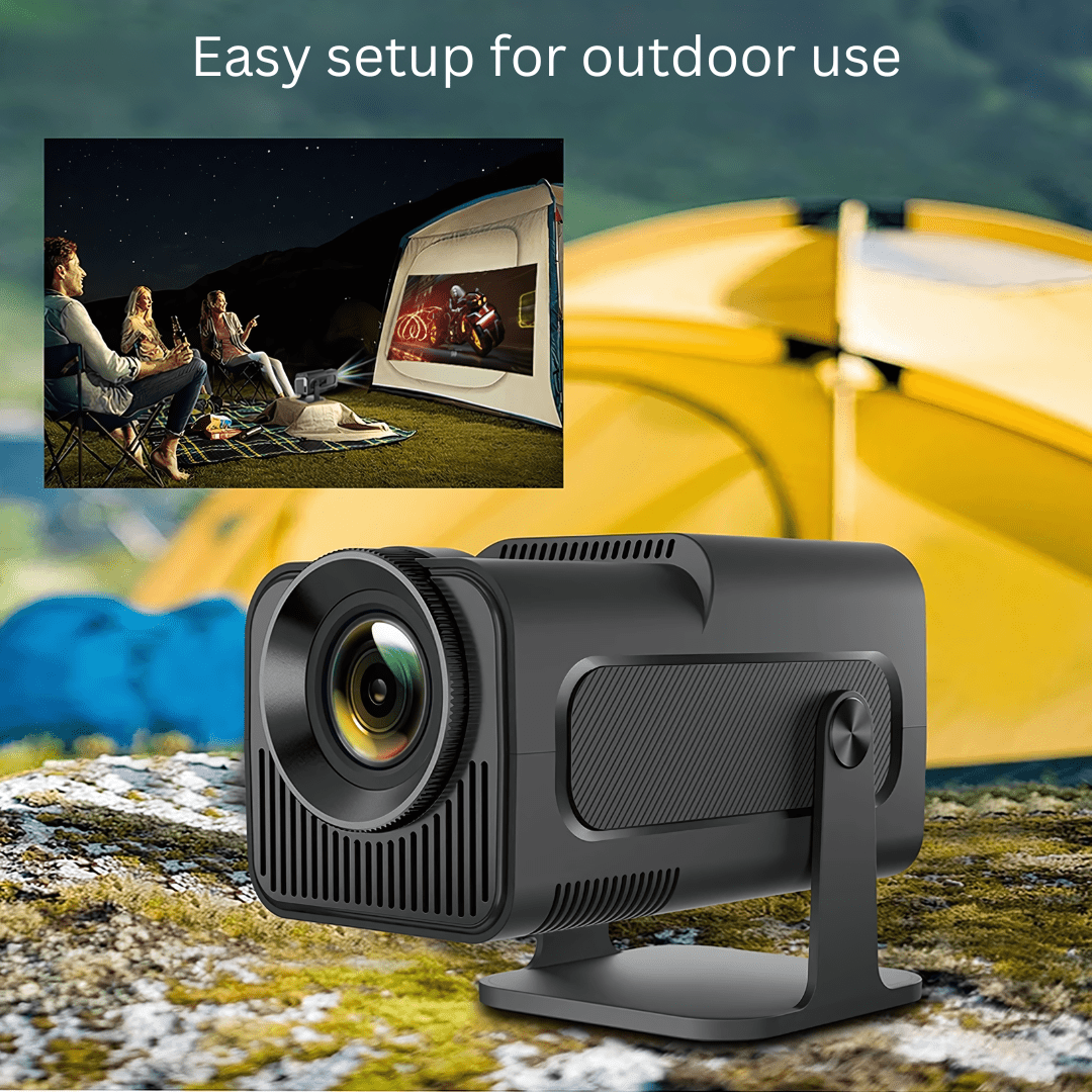 Aurenza Shop PortaView360 MAX Ultra HD portable projector displaying a bright, clear image on a projection screen.