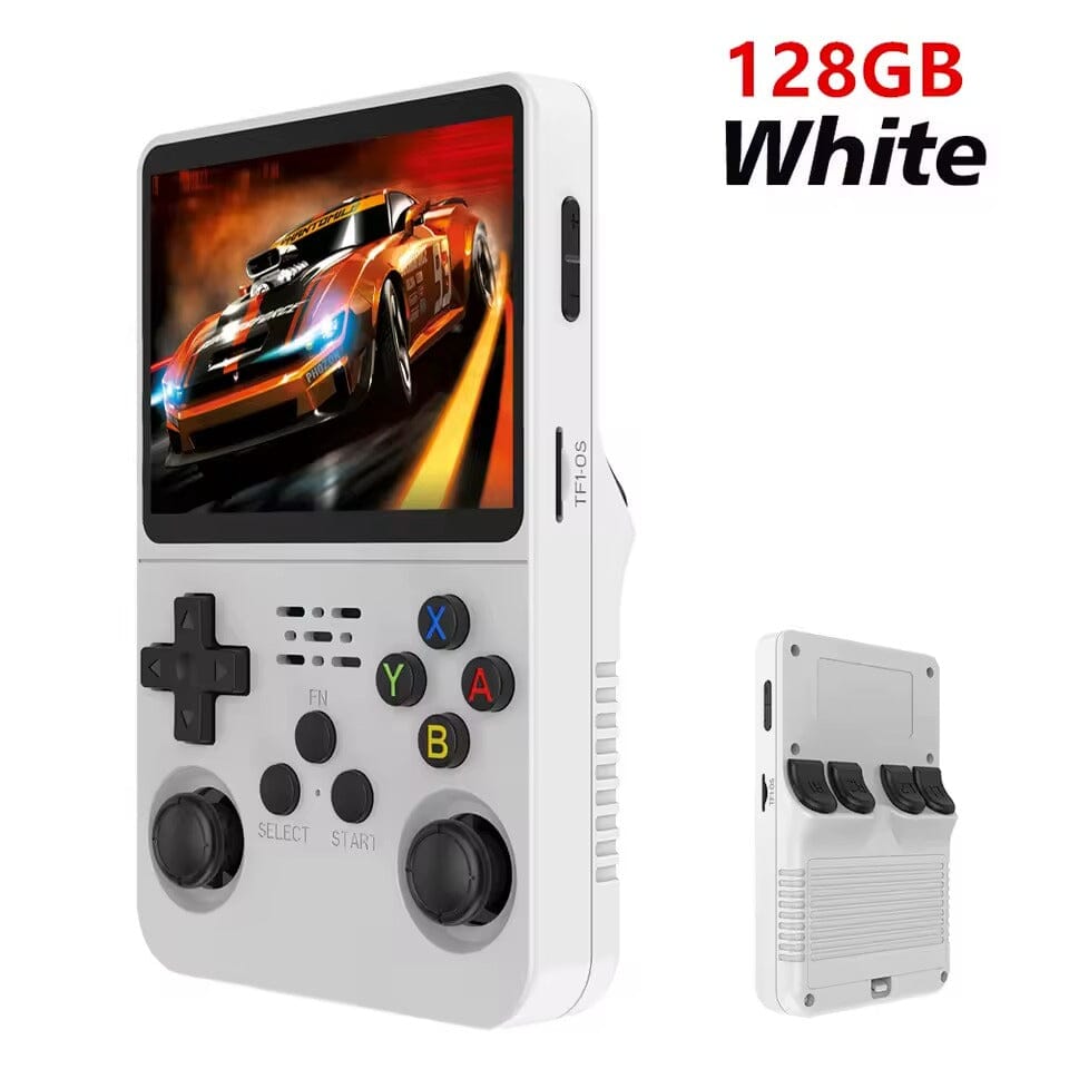 Aurenza Shop Retro Pro R36S handheld console with a 3.5-inch IPS screen, purple color, 64GB storage, and preloaded games.