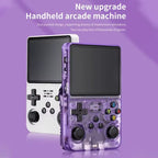 Aurenza Shop Retro Pro R36S handheld console with 3.5-inch IPS screen, purple color, 64GB storage, and preloaded games.