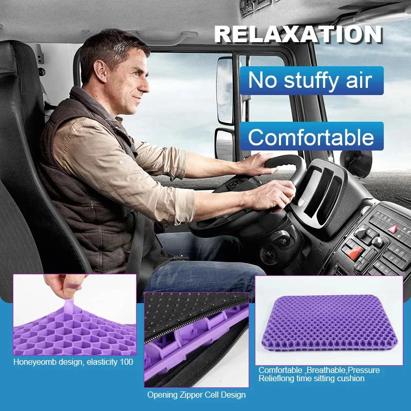 Purple Aurenza Shop gel seat cushion with breathable honeycomb design, provides pressure relief for back and tailbone in office or car.