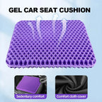 Purple gel seat cushion with honeycomb breathable design for pressure relief and tailbone pain relief in home office, wheelchair, or car.