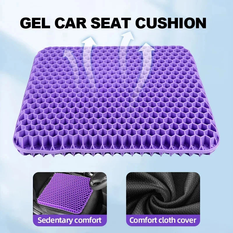 Purple gel seat cushion with honeycomb breathable design for pressure relief and tailbone pain relief in home office, wheelchair, or car.