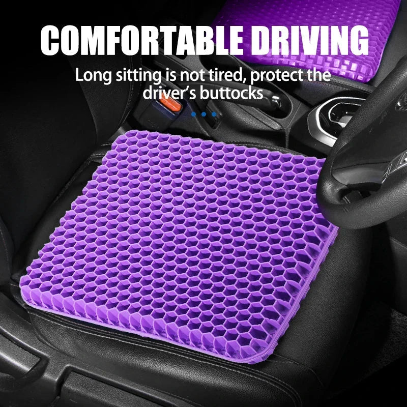 Purple Aurenza gel seat cushion with breathable honeycomb design for pressure relief and comfort in home, office, or car chairs.