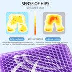 Purple gel seat cushion with breathable honeycomb design for pressure relief and comfort in home, office, or car chairs.