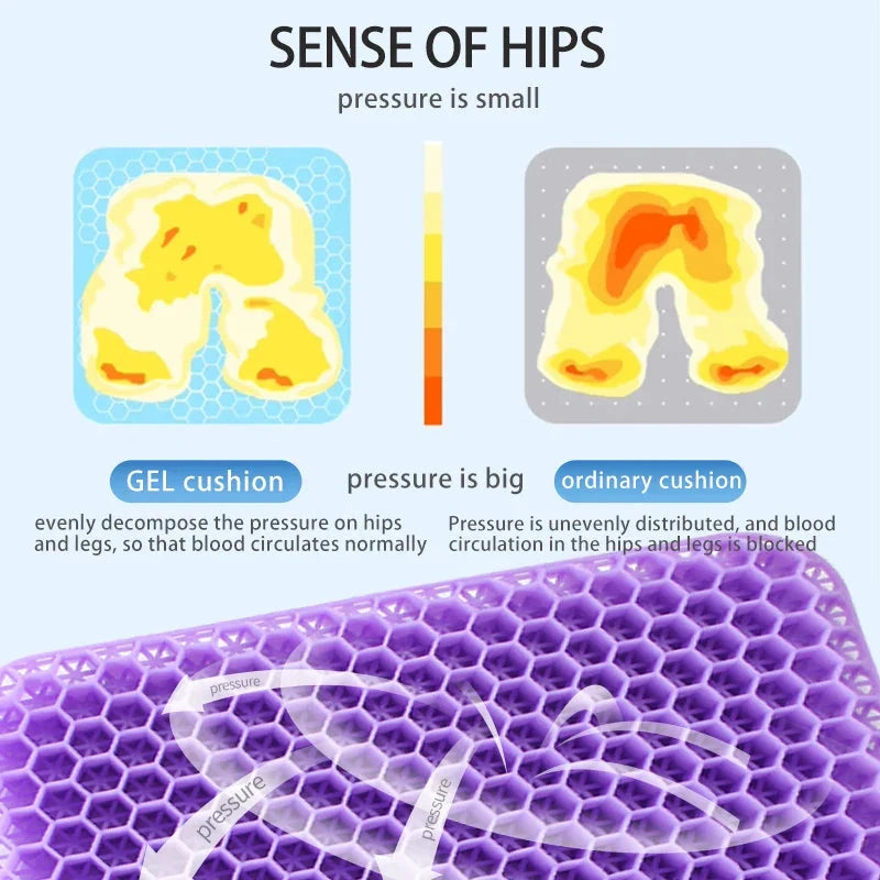 Purple gel seat cushion with breathable honeycomb design for pressure relief and comfort in home, office, or car chairs.