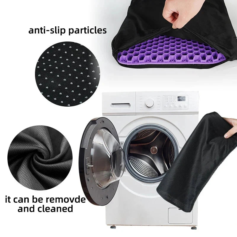 Purple gel seat cushion with breathable honeycomb design for pressure relief, suitable for home, office, wheelchair, and car use.