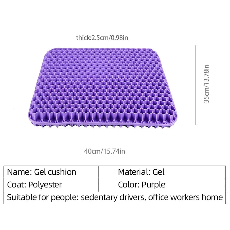 Purple Aurenza Shop gel seat cushion with breathable honeycomb design for pressure relief and comfort in home, office, or car chairs.