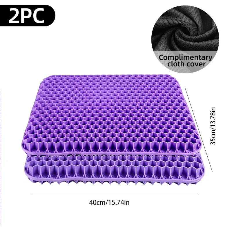 Purple gel seat cushion with honeycomb design for pressure relief and comfort in home office, wheelchair, or car seats.