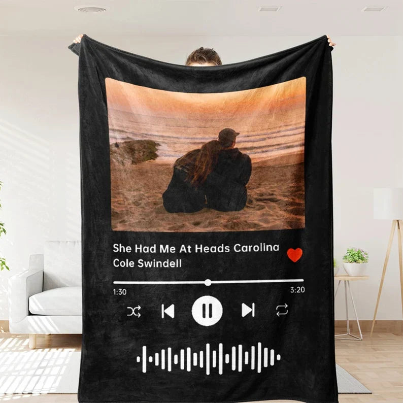 Aurenza Shop custom music and photo blanket in white, 40x51 inches, featuring personalized images and musical design.