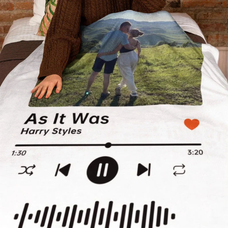 A white Aurenza Shop custom music and photo blanket spread flat, showing personalized design and soft fabric texture.