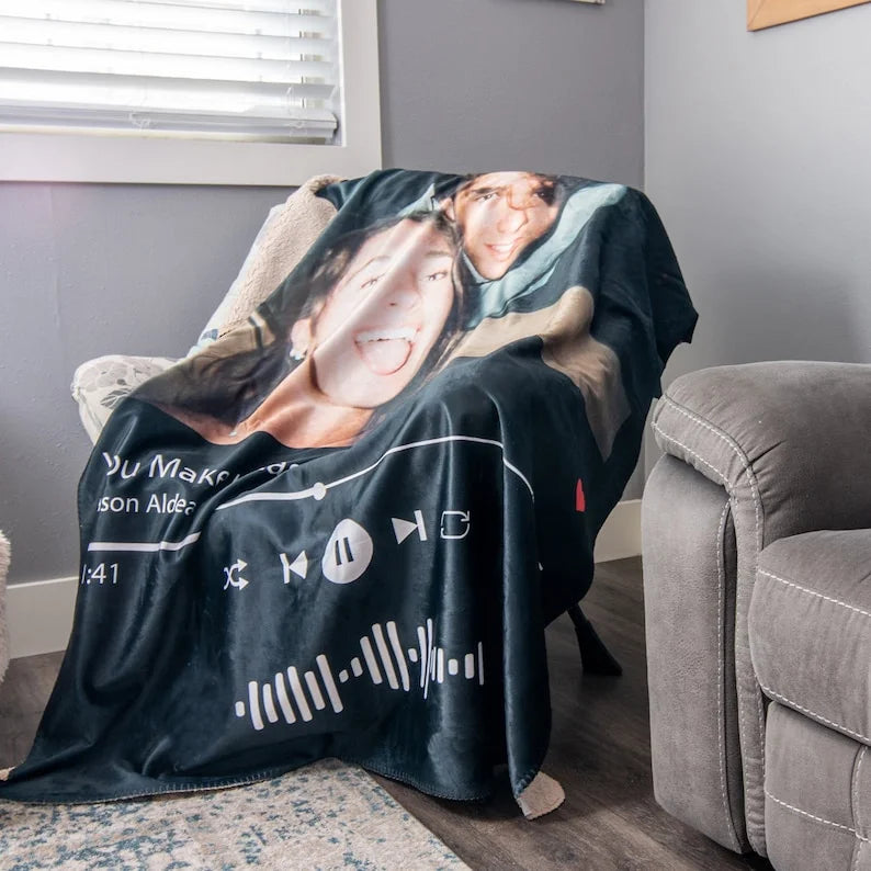 White Aurenza Shop custom music and photo blanket, 40x51 inches with personalized images and music design.