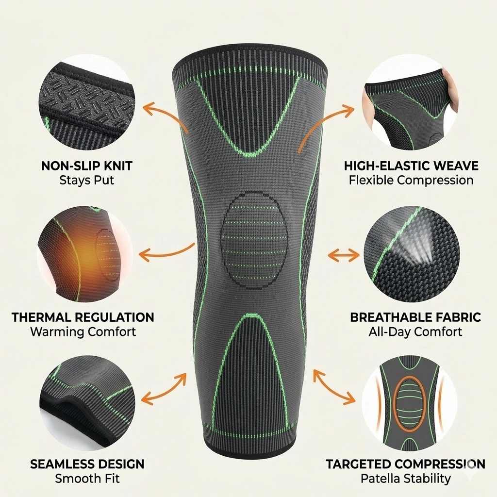 Aurenza Shop non-slip compression knee sleeve designed for running and gym support, shown on a leg for stability and comfort.