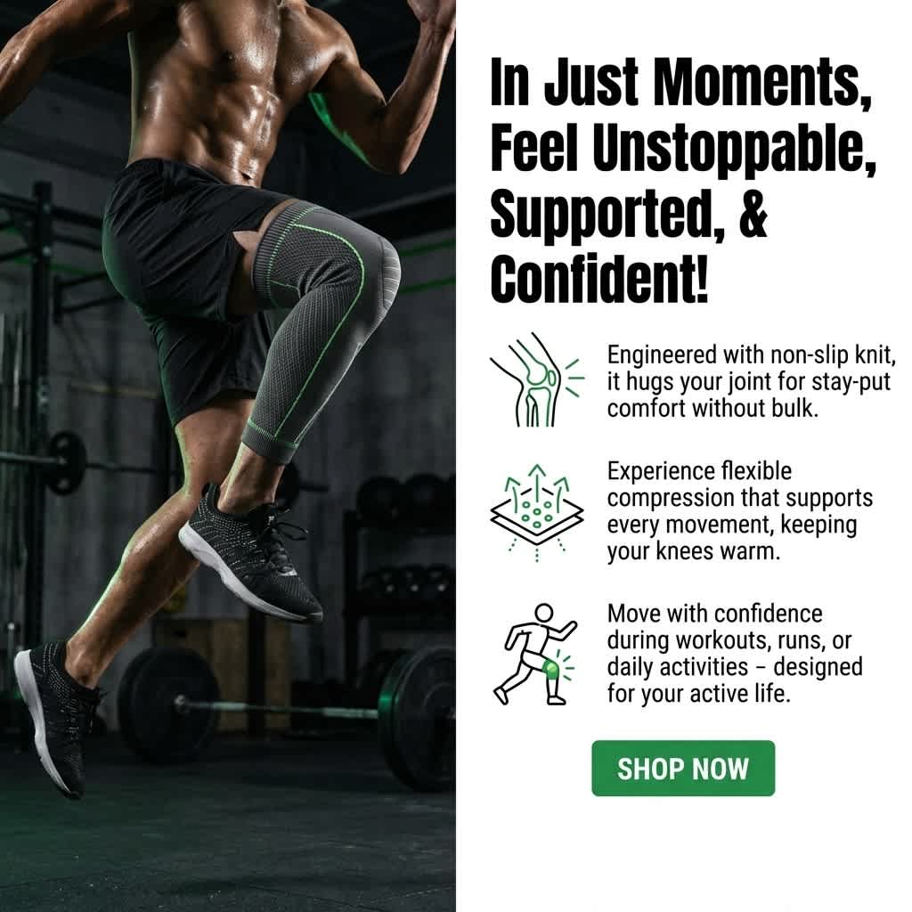 Aurenza Shop non-slip compression knee sleeve for running and gym support, shown on a model's knee for stability and comfort.