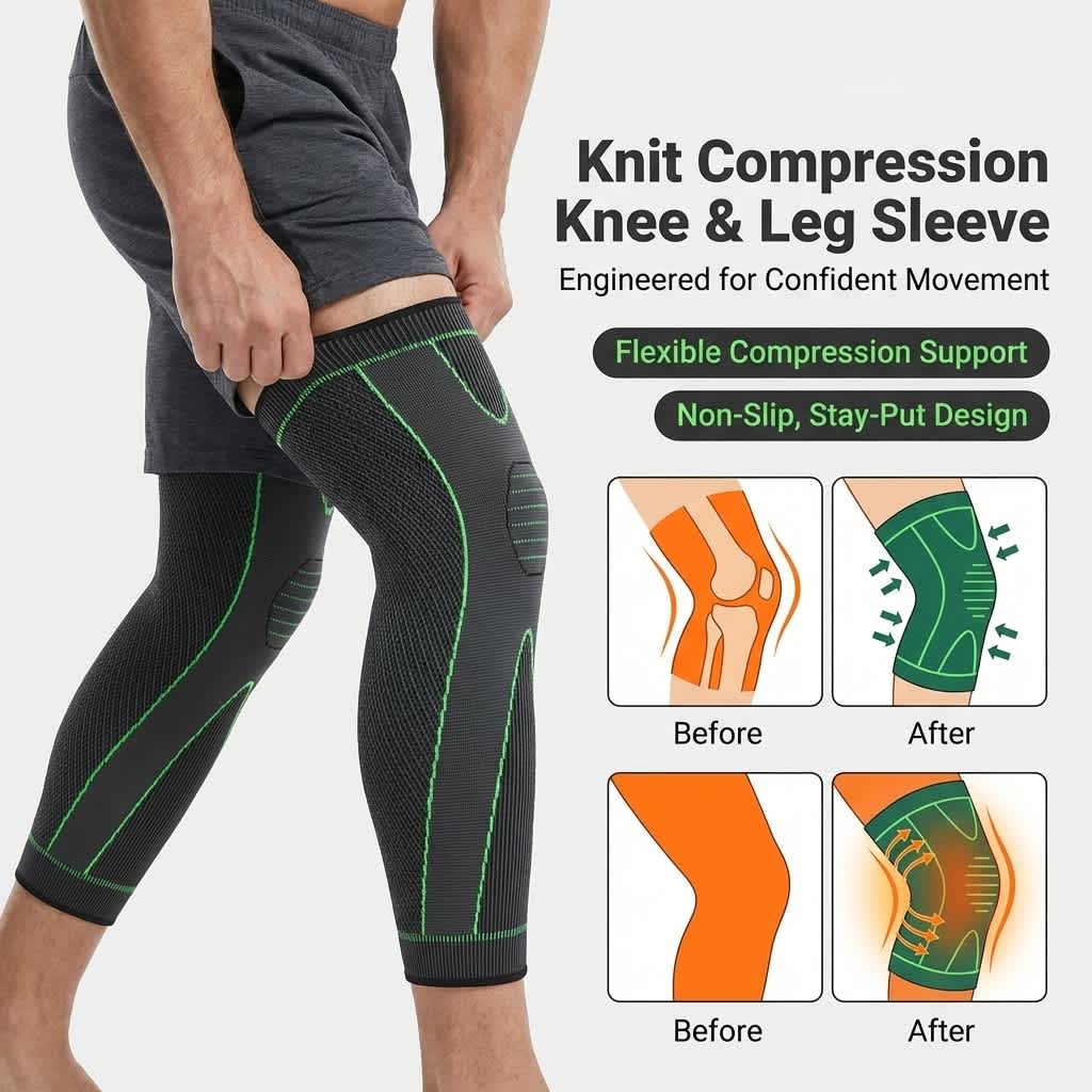 Aurenza Shop non-slip compression knee sleeve for running and gym support, shown on a person's knee during exercise.