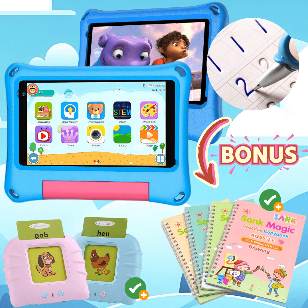 Sky blue TinyBuddy 2 kids educational bundle by Aurenza Shop, includes colorful learning toys and activity materials for children.
