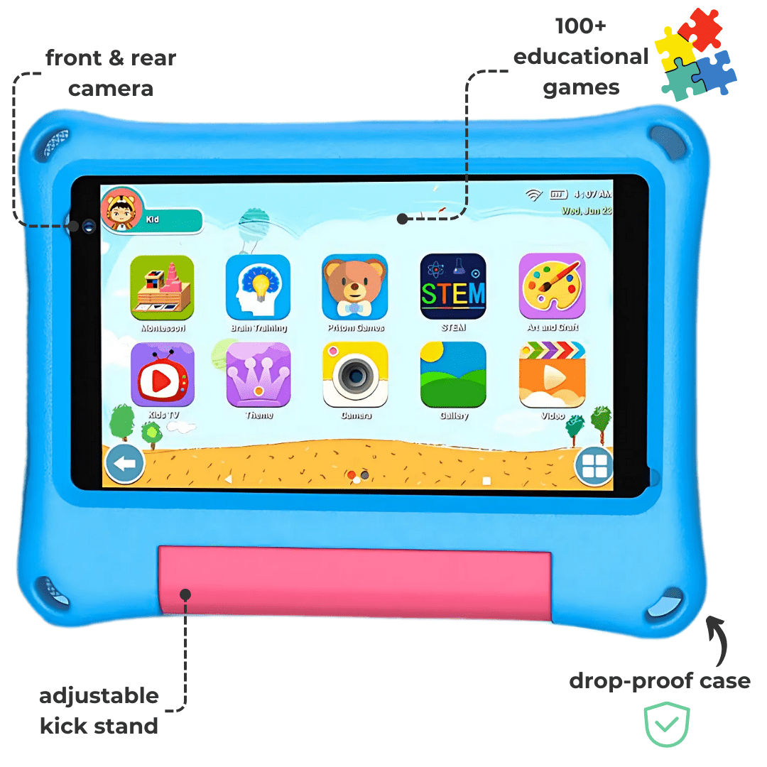 Sky blue TinyBuddy 2 kids educational bundle by Aurenza Shop with colorful learning toys and activity materials.