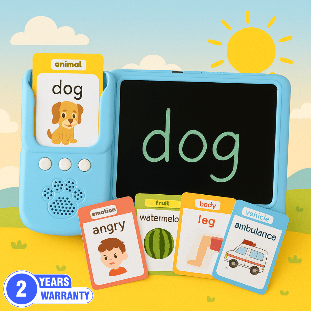 Sky blue TinyBuddy 2 educational talking tablet for kids by Aurenza Shop, featuring colorful buttons and kid-friendly design.