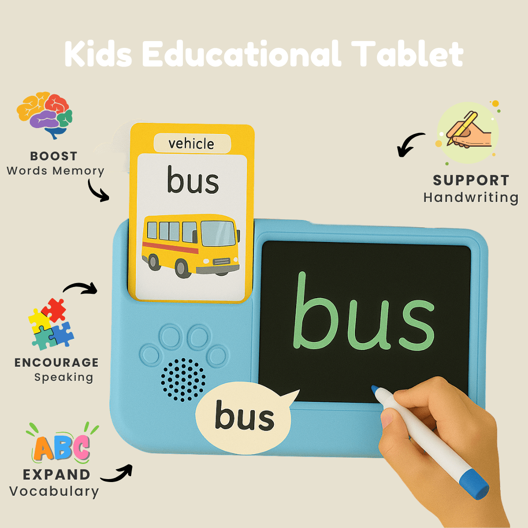 Sky blue TinyBuddy 2 educational talking tablet for kids by Aurenza Shop, featuring colorful buttons and kid-friendly design.