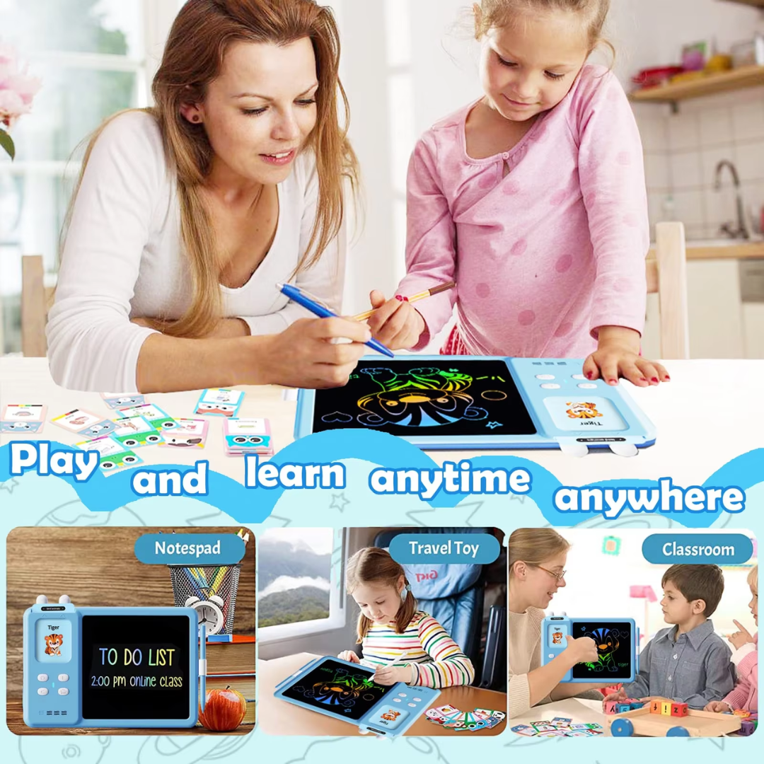 Sky blue TinyBuddy 2 educational talking tablet for kids with colorful buttons and screen, designed for learning and fun.