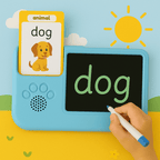 Sky blue TinyBuddy 2 educational talking tablet for kids by Aurenza Shop, featuring a colorful screen and interactive buttons.