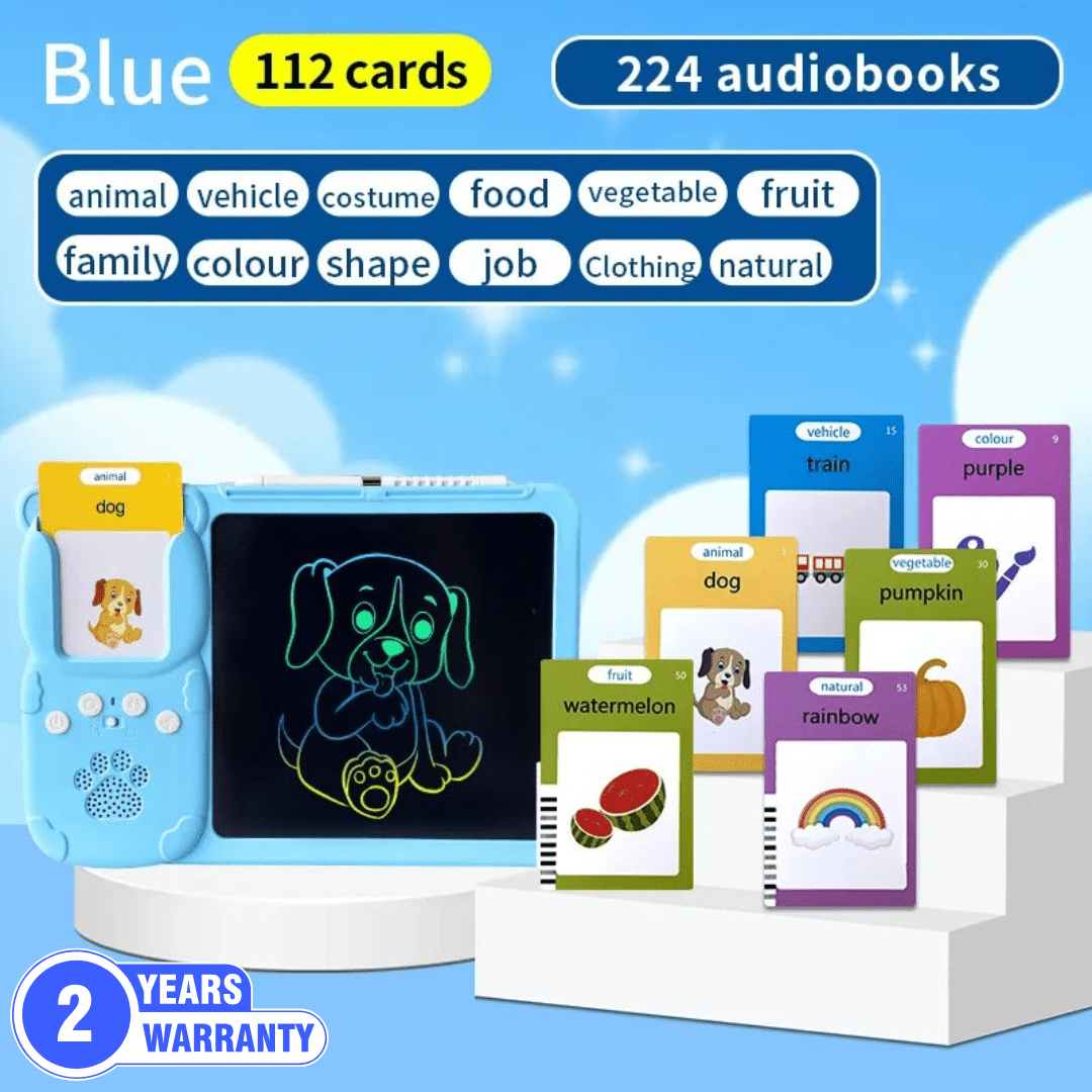 Sky blue TinyBuddy 2 educational talking tablet for kids by Aurenza Shop, featuring colorful buttons and kid-friendly design.