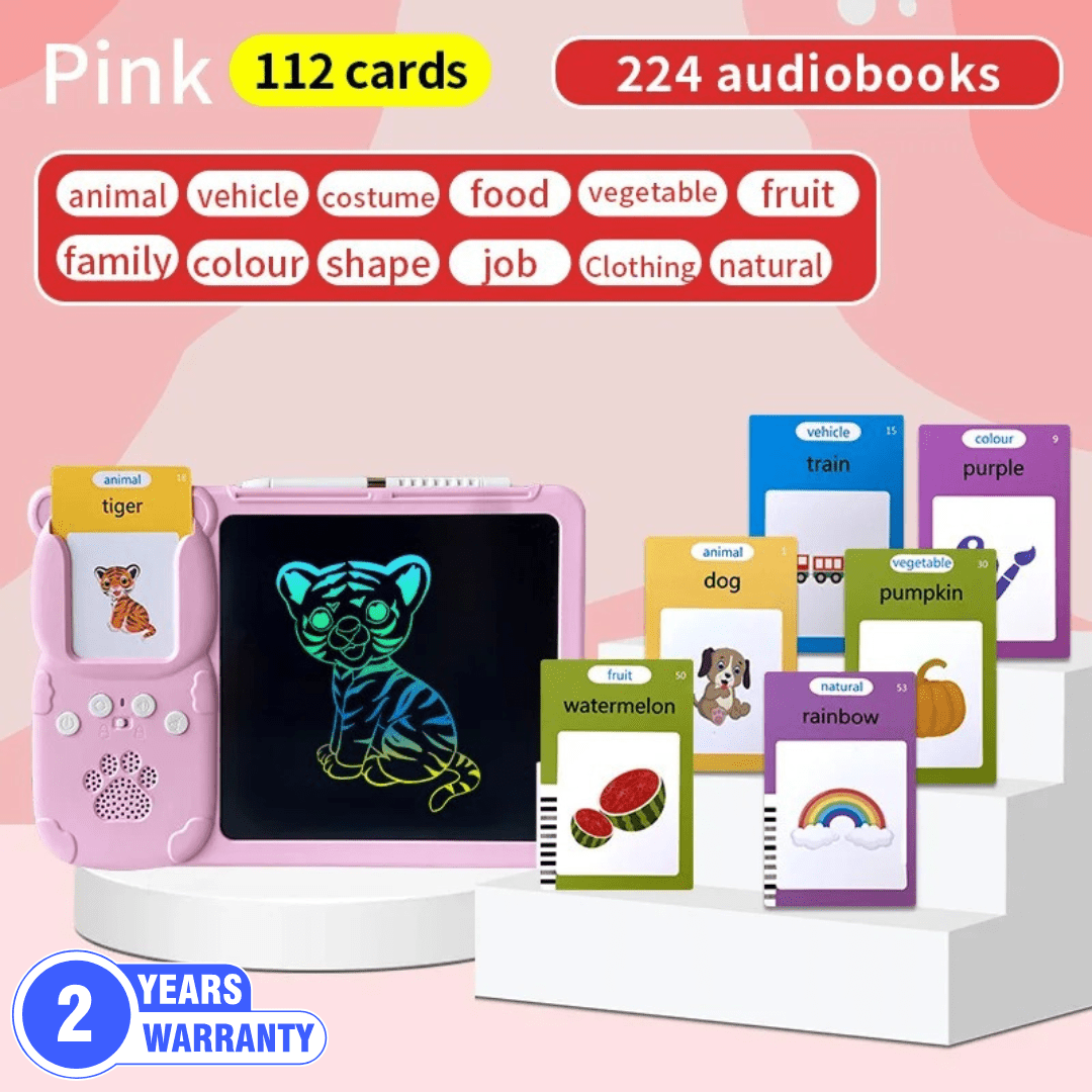Sky blue TinyBuddy 2 educational talking tablet for kids by Aurenza Shop, featuring child-friendly design and interactive learning buttons.