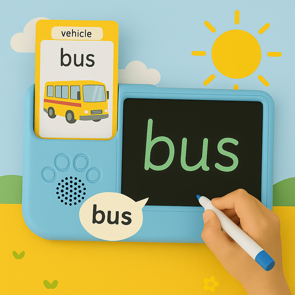 Sky blue TinyBuddy 2 educational talking tablet for kids by Aurenza Shop, featuring colorful buttons and kid-friendly design.