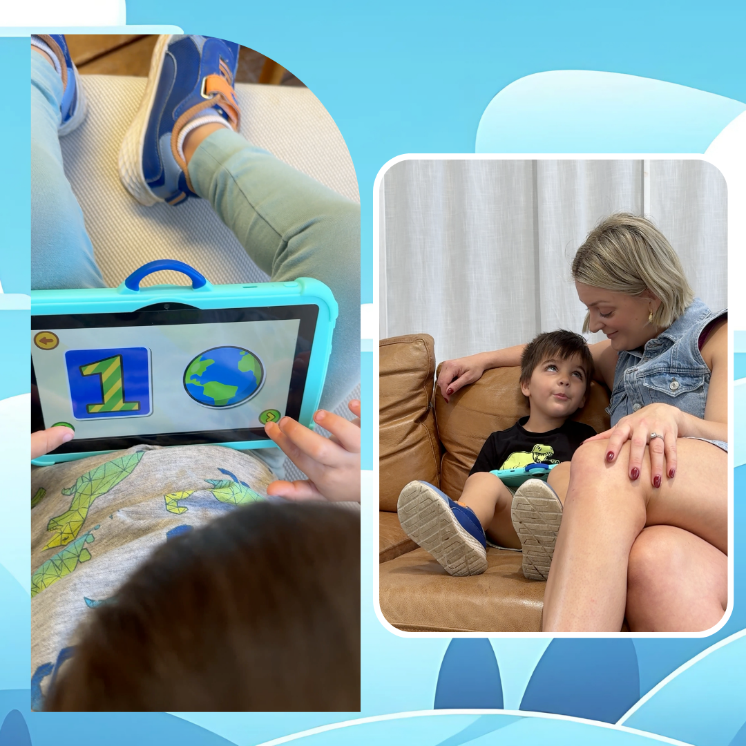 Sky blue TinyBuddy 2 kids educational tablet by Aurenza Shop with colorful buttons and kid-friendly design.
