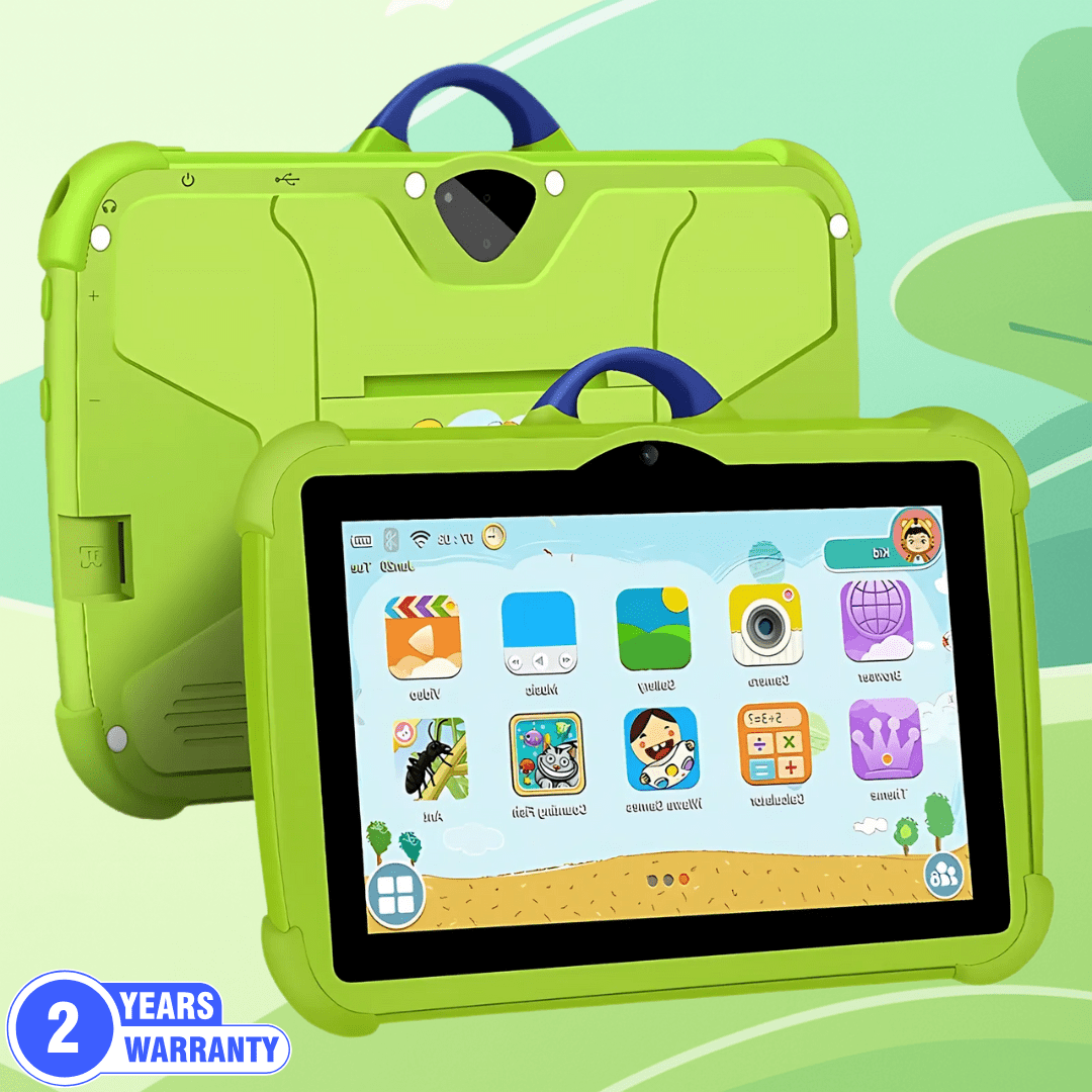 Sky blue TinyBuddy 2 kids educational tablet by Aurenza Shop with colorful buttons and screen for learning activities.