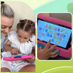 Sky blue TinyBuddy 2 kids educational tablet by Aurenza Shop with colorful buttons and screen displaying educational icons