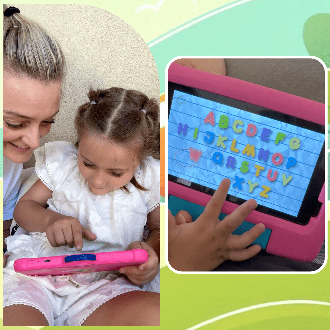 Sky blue TinyBuddy 2 kids educational tablet by Aurenza Shop with colorful buttons and screen displaying educational icons