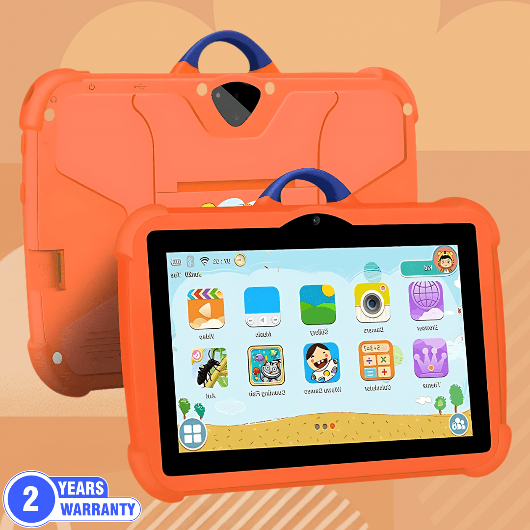Sky blue TinyBuddy 2 kids educational tablet by Aurenza Shop with colorful screen and child-friendly design.