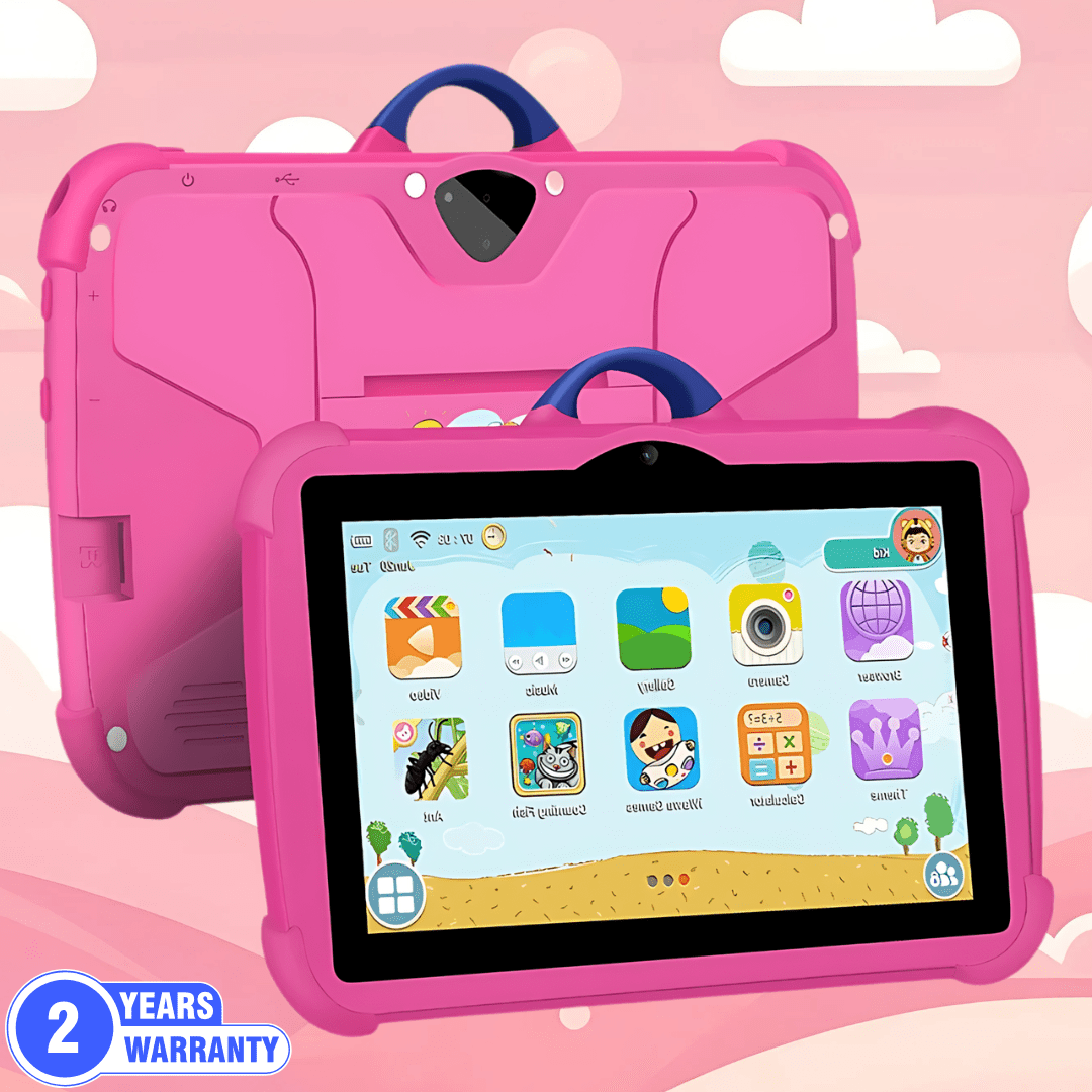 Sky blue TinyBuddy 2 kids educational tablet by Aurenza Shop shown with screen and playful design for young learners.