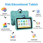 Sky blue TinyBuddy 2 kids educational tablet by Aurenza Shop with colorful buttons and a kid-friendly interface.