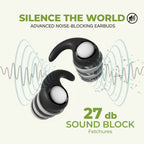 Aurenza Shop black sleep snoring noise cancellation plugs resting on a white surface, designed to reduce snoring sounds for better sleep.