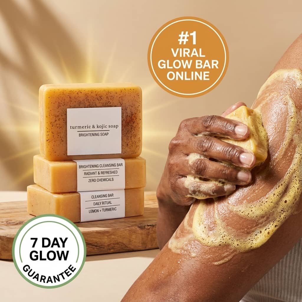 Aurenza Shop turmeric and kojic acid soap bar for body and face, with a white soap bar wrapped in clear packaging.