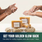 Aurenza Shop turmeric and kojic acid soap bar for body and face, showing the soap's smooth surface and natural ingredients.