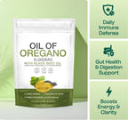 Aurenza Shop Oil of Oregano softgels supplement bottle with softgel capsules on a white background.