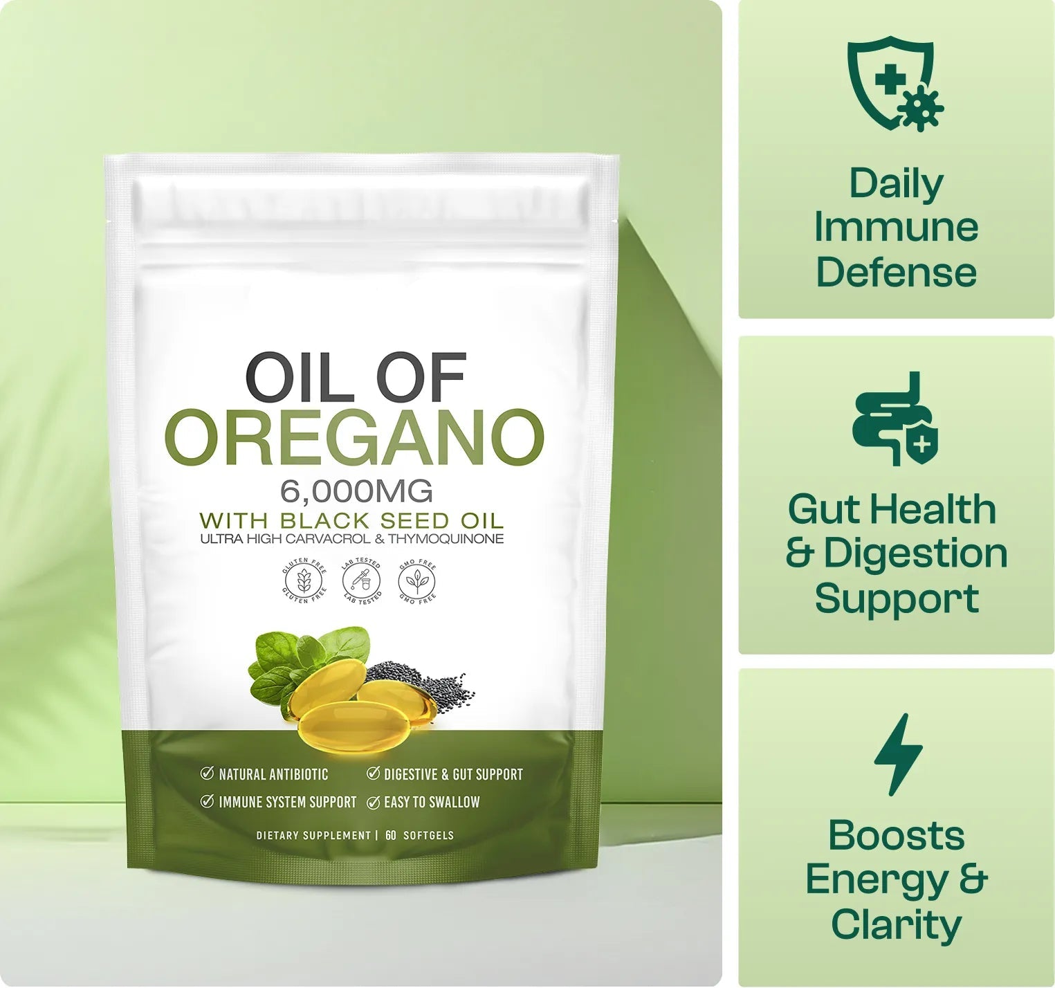 Aurenza Shop Oil of Oregano softgels supplement bottle with softgel capsules on a white background.