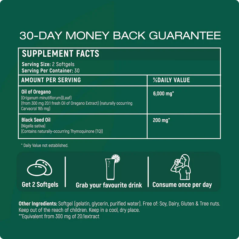 Aurenza Shop Oil of Oregano softgels supplement bottle with softgel capsules, natural health product for immune support.