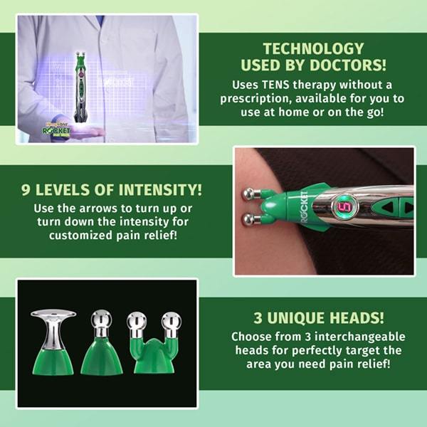 Silver Aurenza Shop Rocket Relief Pen TENS device, handheld pain relief pen with sleek design for targeted therapy